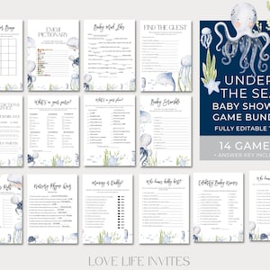 Baby Shower Game Bundle, Under the Sea Baby Shower Printable Games, Boy Ocean Baby Games Bundle, Emoji, Bingo, Editable, Instant Download