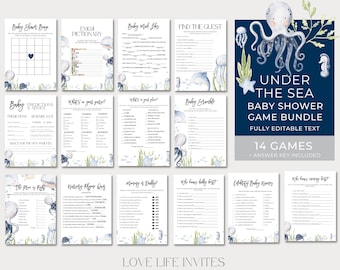 Baby Shower Game Bundle, Under the Sea Baby Shower Printable Games, Boy Ocean Baby Games Bundle, Emoji, Bingo, Editable, Instant Download