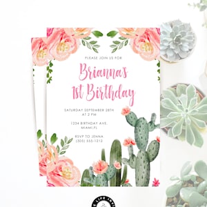 Plantilla de invitación de fiesta de cumpleaños de cactus floral, invitación de fiesta de fiesta editable, invitación de fiesta de 1er cumpleaños de Boho de descarga instantánea, fiesta de niña