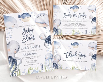 Ocean Baby Shower Invitation Bundle, Under the Sea Baby Shower Bundle, Whale Baby Shower Invite, Nautical Baby Shower Invitation Set, Boy