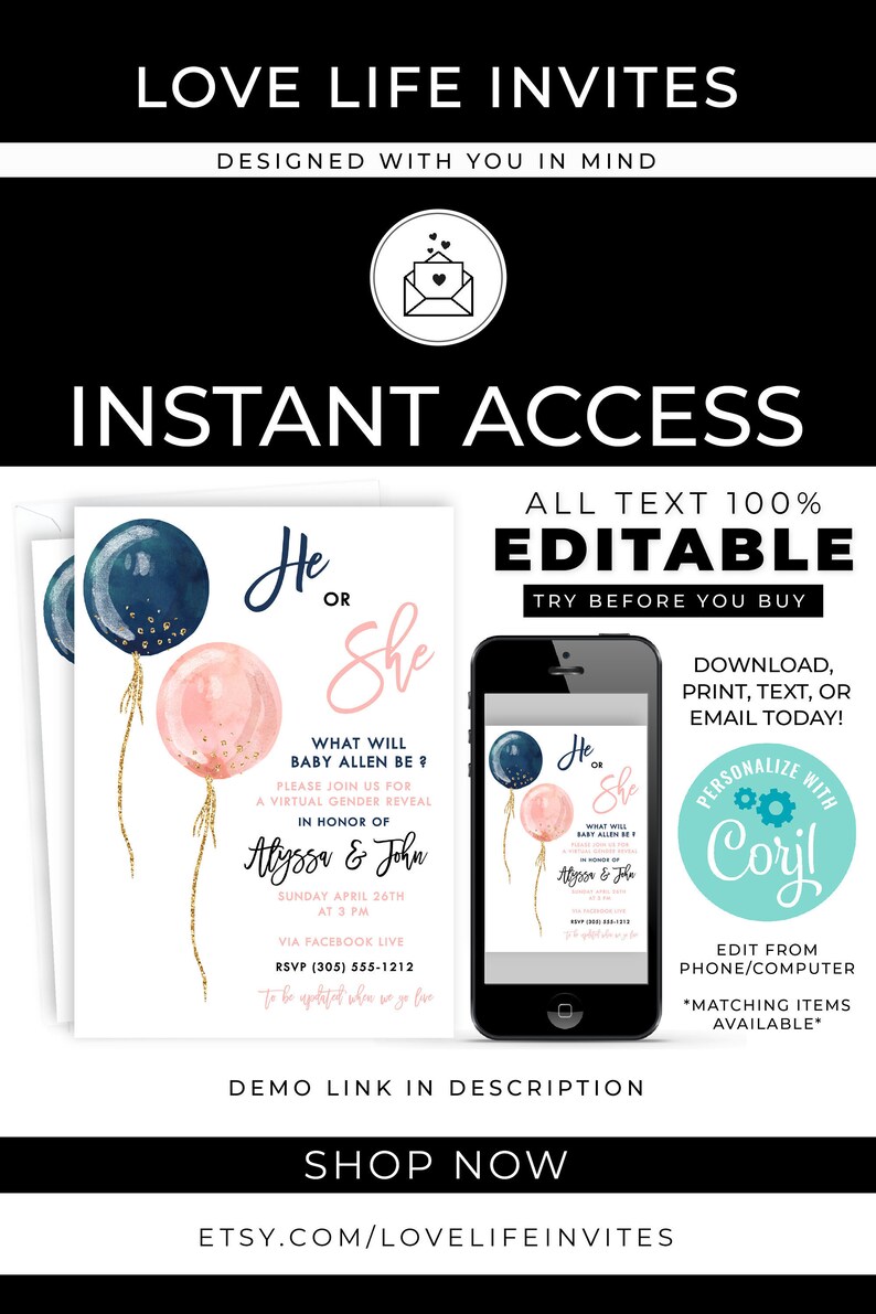 Gender Reveal Virtual Invitation Boy or Girl Online Gender Etsy