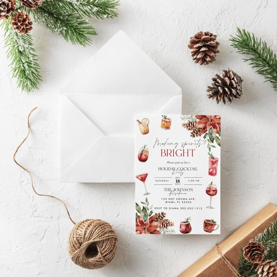 Holiday Cocktail Party Invitation, Christmas Cocktail Party Invite, Making Spirits Bright, Adult Holiday Invite, Christmas Dinner Template