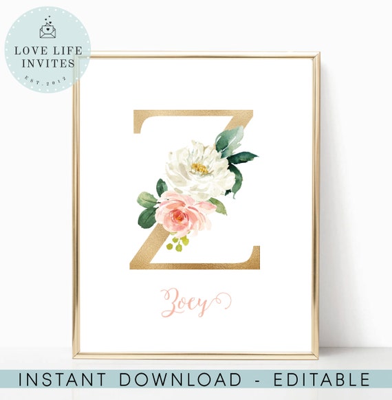 Letter Z Nursery Wall Art Editable Gold Initial Wall Art