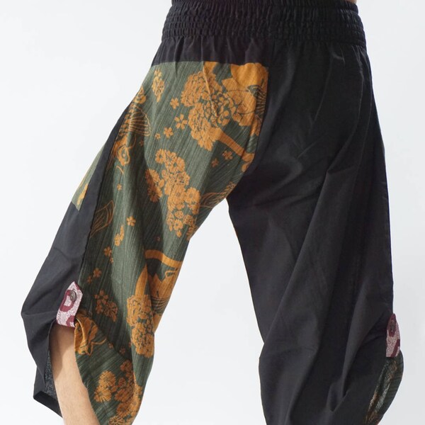 BT0019 Pantaloni da uomo neri e verdi Pantaloni fatti a mano, vita a grembiule spesso con cavallo basso, pantaloni Harem da yoga unisex - elastico in vita - Adatto a tutti!