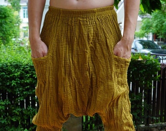 CG0129 Cotton Gauze Mustard Summer Harem Pants, Super soft cotton baggy unisex harem pants, perfect of yoga
