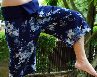 MH3006  Lovely 3/4 Weaver Bird Fisherman Pants with Hemp Fabric Wide Leg pants, Wrap pants, Unisex pants