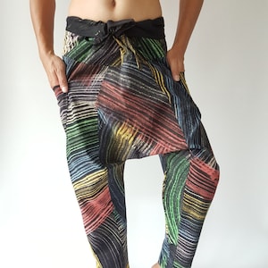 HR0119 Rainbow Handmade Thai Fisherman Pants, Wrap pants, Unisex pants
