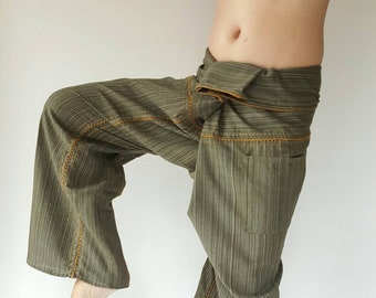 May include: Green striped pants with a yellow stitch detail. The pants are tied at the waist and have a loose, flowing fit.