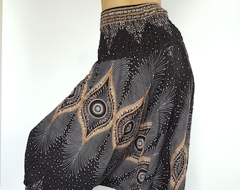 HL0019 eyes Peacock in Black Harem Pants super soft Unisex Low Crotch Yoga Trousers