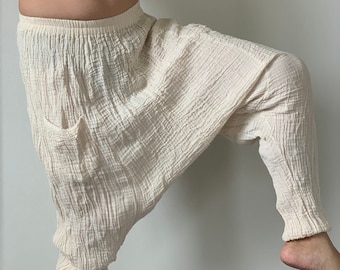 CG0199 Unisex Double Cotton Gauze Harem Pants, Cotton gauze Harem pants, super soft baggy, Elastic waist