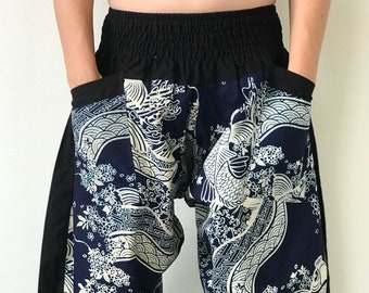 HC0560 Indigo Samurai Pants, elastic waistband samurai pants