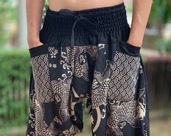 XL0009 Black Samurai pants,  Handmade pants, men&#39;s fashion, unisex Yoga Harem Pants  - elastic waistband