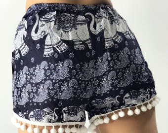 PP0026 Pom pom Shorts Elephant Print Beach Summer Hippies Boho Fashion Chic Ropa Boho Boxers Pantalones Cortos Único