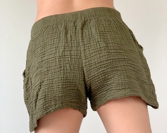 SP0091 Olive Green Cotton Gauze short pants, Summer Fashion Chic Clothing CUTE Short Pants