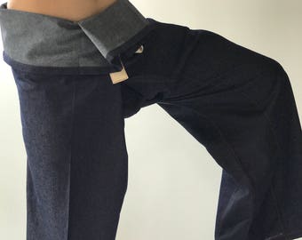 FJ0003 New Design Denim Jean Thai Fisherman Pants Wide Leg pants, Wrap pants, Unisex pants