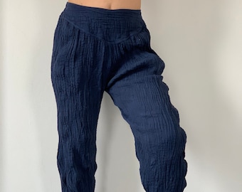 CG0057 Navy Cotton Gauze  Yoga Pants Super Soft. Elastic waist in Navy color