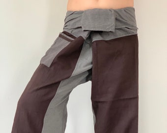 May include: A pair of brown and gray Thai fisherman pants with a wide leg and a drawstring waist.