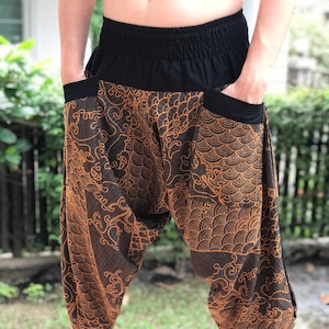 HC0581 Samurai pants,  Handmade pants, men's fashion, unisex Yoga Harem Pants  - elastic waistband