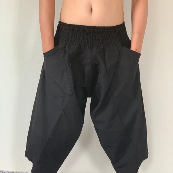 HC0309 Samurai pants Handmade pants, Thick Smock Waist Low Crotch, unisex Yoga Harem Pants  - elastic waistband  - Fits all !