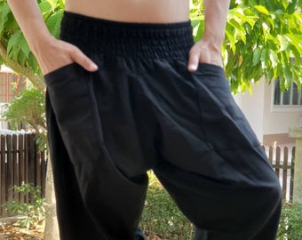 XL0040 Cotton 100%, XL Size Samurai pants Handmade pants,Smock Waist Low Crotch, unisex Yoga Harem Pants  - elastic waistband