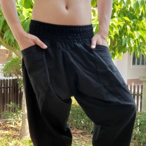 XL0040 Cotton 100%, XL Size Samurai pants Handmade pants,Smock Waist Low Crotch, unisex Yoga Harem Pants  - elastic waistband