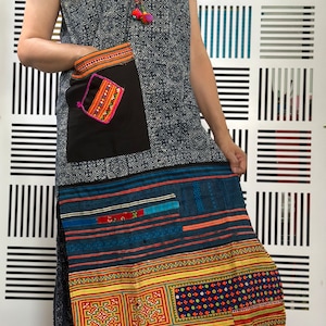 TY0023 Hmong Hill Tribe Indigo Caftan with Tassels, Vintage Pink Hand-Embroidery, Tribal Block Print Dress