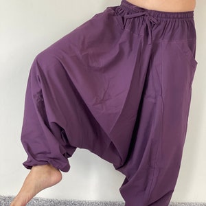 HB0007 Solid Purple Harem Pants Unisex Low Crotch Yoga Trousers, Low crotch yoga pants