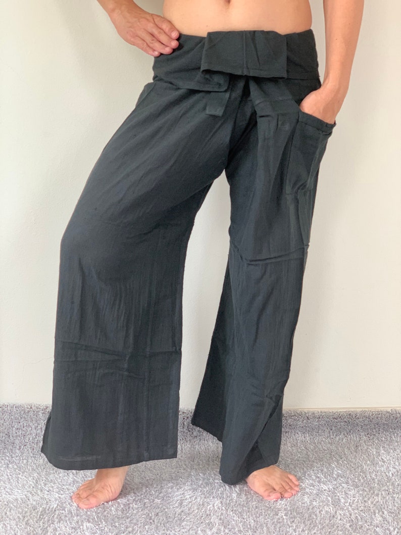 FG0019 Black cotton Thai Fisherman Pants Wide Leg pants Unisex pants Wrap pants