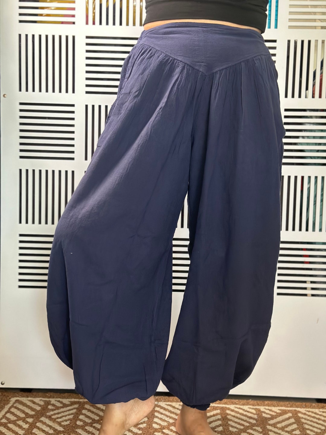 Plain DarkSlateBlue Pure Cotton Women's Elastic Waist Harem Pants