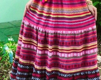 SH0063 Maxi Hmong elastic waist Skirt,Thailand Hmong Hill Tribe Maxi Skirt,Amazing Hilltribe skirts , made by Hilltribe fabric