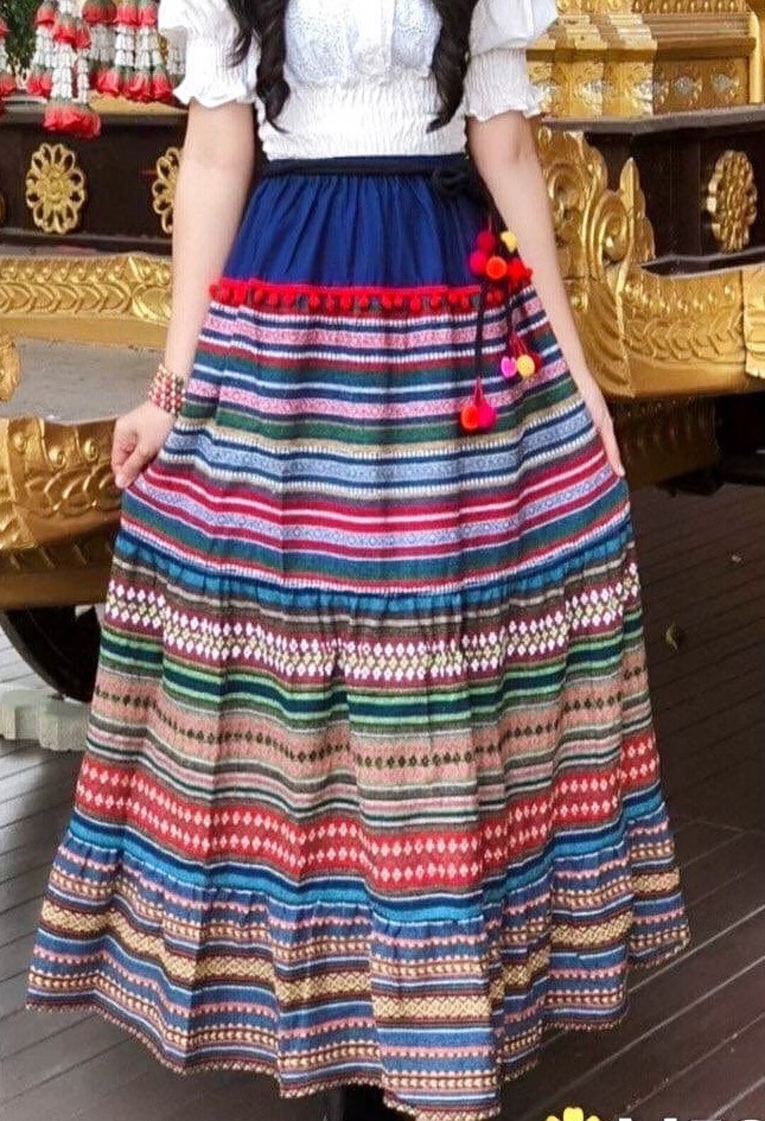 Hill-tribe Long Skirt - Pink and Gold