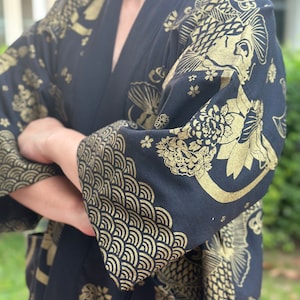 GD0004 Gold-Black Unisex Kimono Jackets Cardigan Lightweight Casual Thai Open Front Coat Outwear