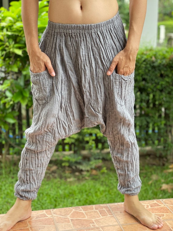 CG0469 Unisex Dropped Crotch Harem Pants, Cotton Gauze Harem Pants