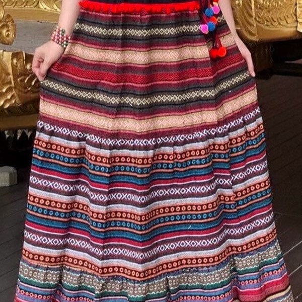 Hill-tribe Long Skirt with Pockets - Pink and Blue