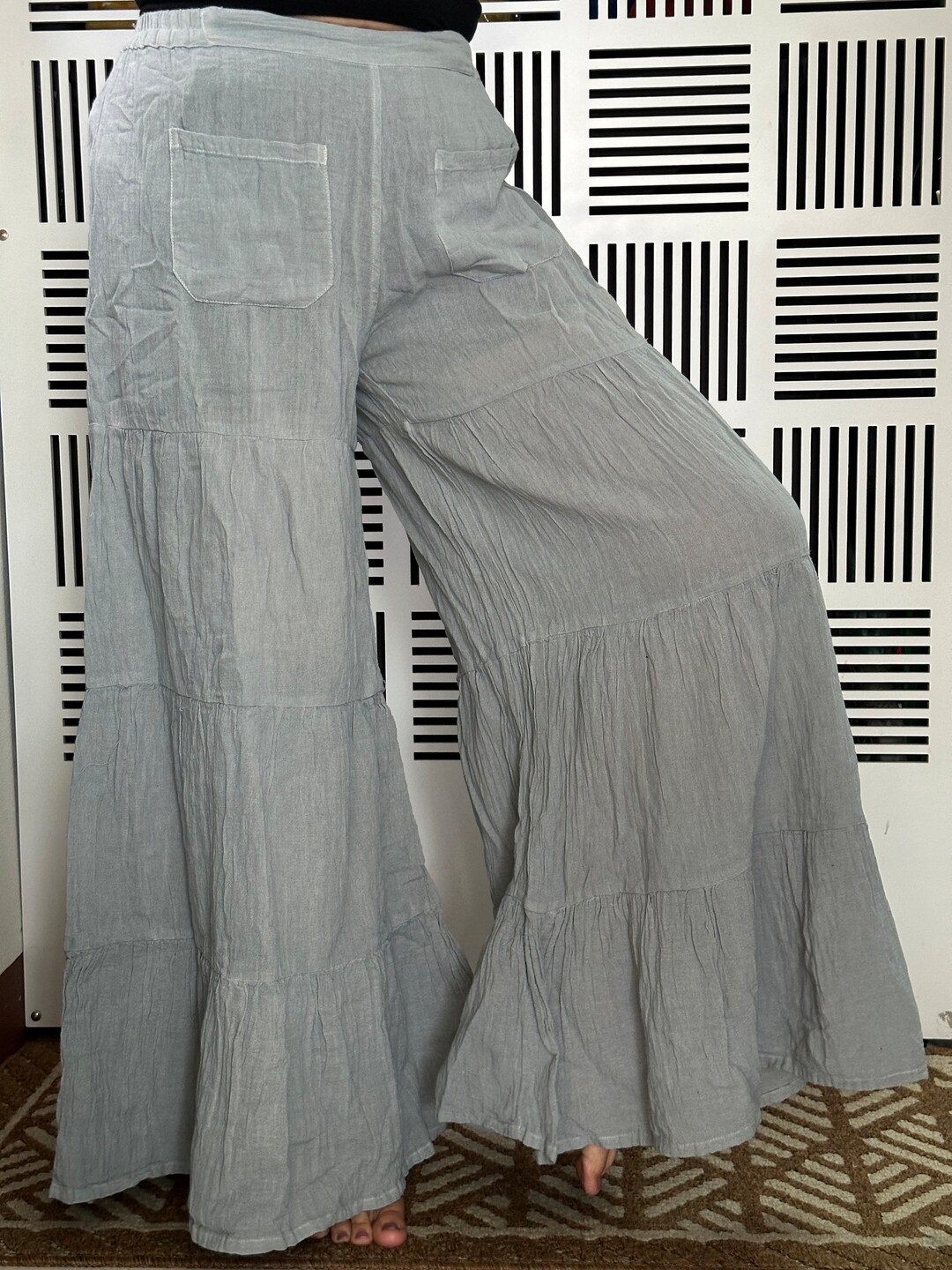 Womens Wide Leg Cotton Pants With Elastic Waist And Openwork Detail White Autumn Collection