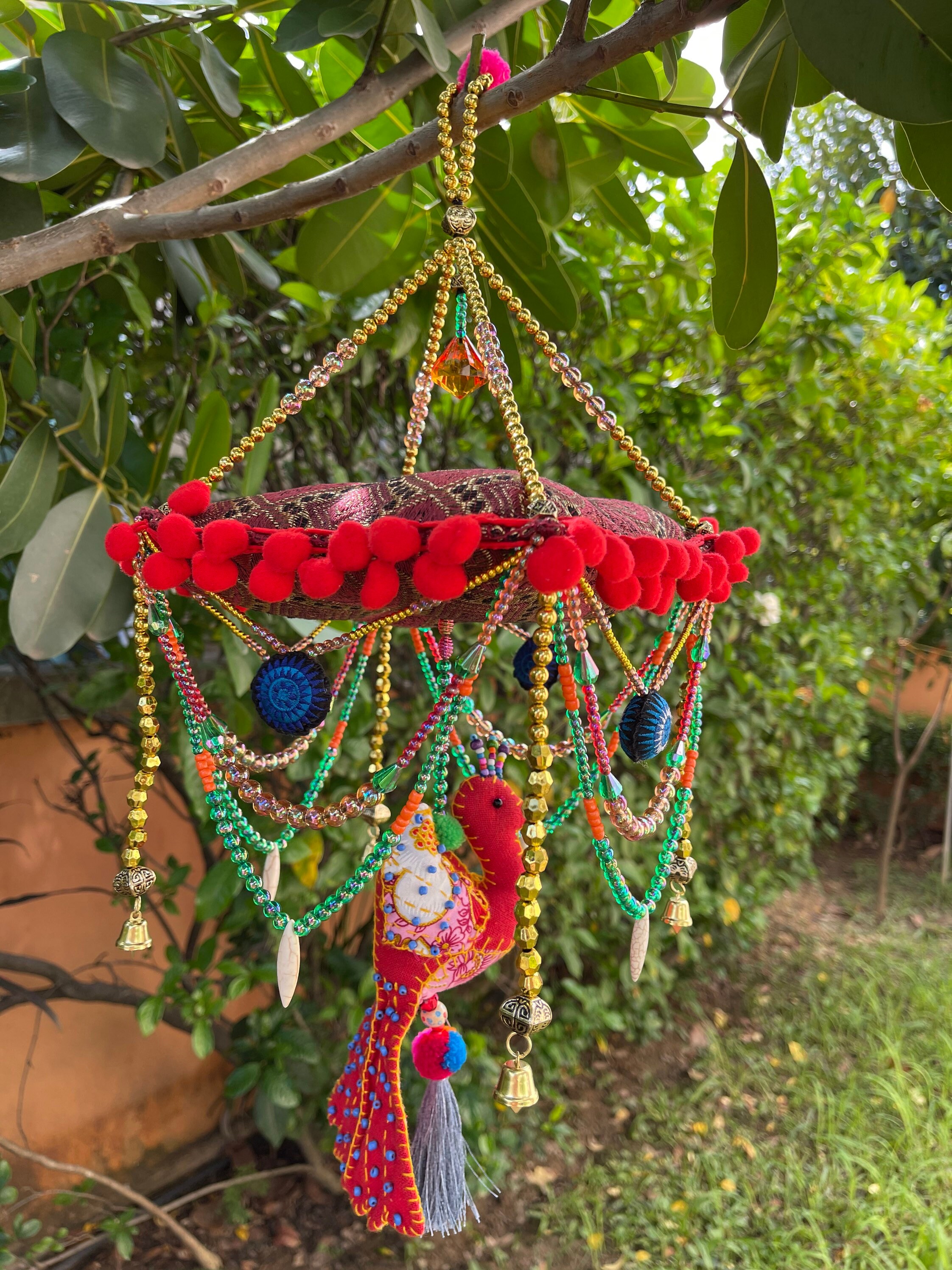 MB0063 Handmade Mobile,Nursery Hanging decorate with pompoms and colorful wood beads