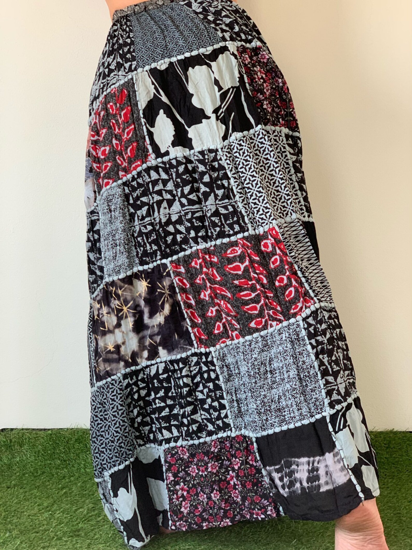 Vintage Sari Beaded Patchwork Bohemian Skirt Orange W28 6