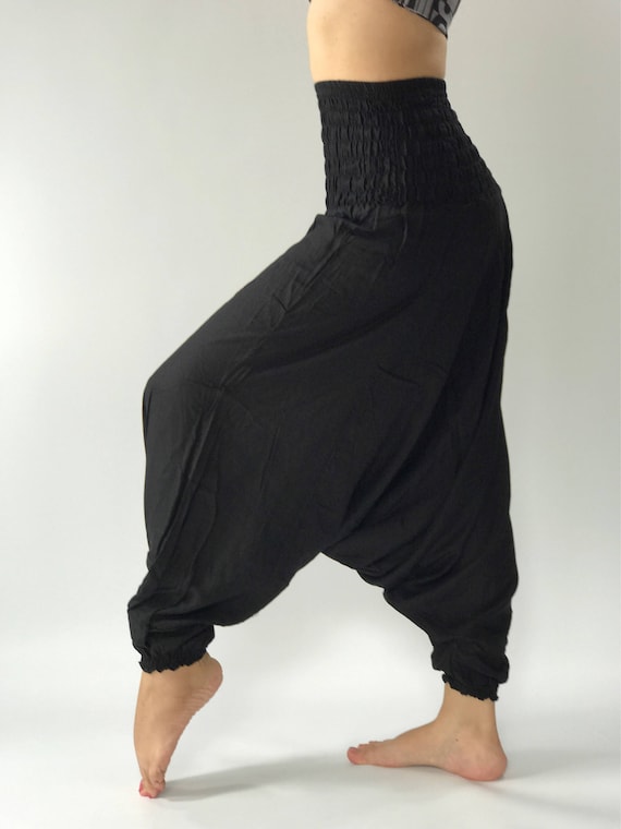 HR0062 Rayon Solid Black Jumpsuit Harem Pants in Black Baggy