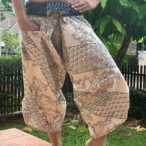 SR0027  White Waves Waist-Tied Samurai Pants,Samurai Pants Harem pants have fisherman pants style wrap around waist