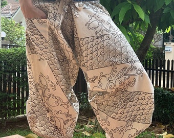 SR0027  White Waves Waist-Tied Samurai Pants,Samurai Pants Harem pants have fisherman pants style wrap around waist