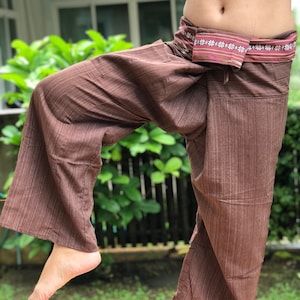 TCP0064 Thai Fisherman Pants with Thai hand woven fabric on waist side, Wide Leg pants, Wrap pants, Unisex pants