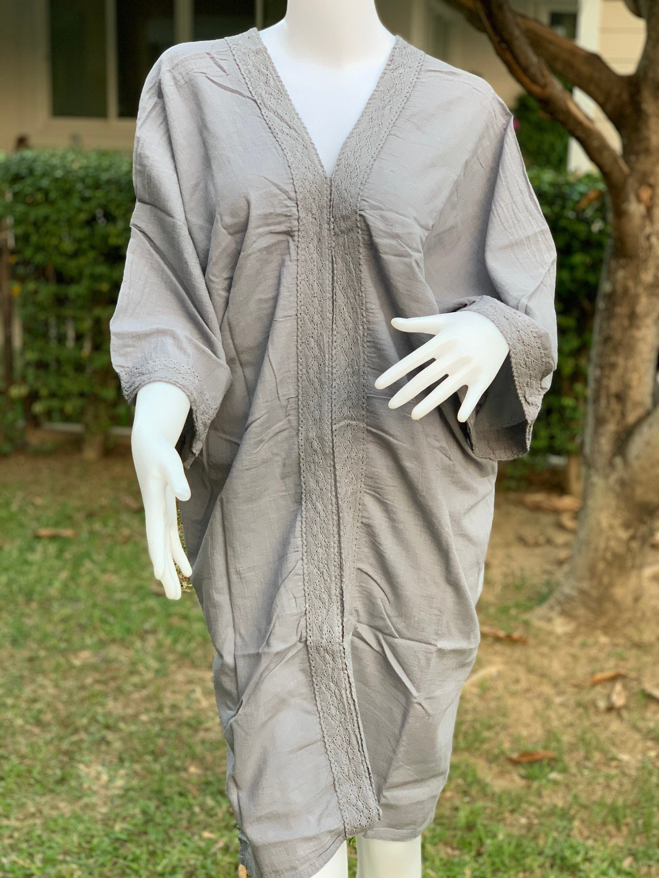 CG0345 Light Gray Cotton Dress V Neck Decoration With Lace CG0345 Light Gray Cotton Dress V Neck Decoration With Lace