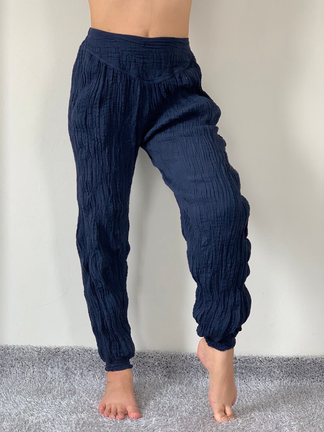 CG0057 Navy Cotton Gauze Yoga Pants Super Soft. Elastic Waist in Navy