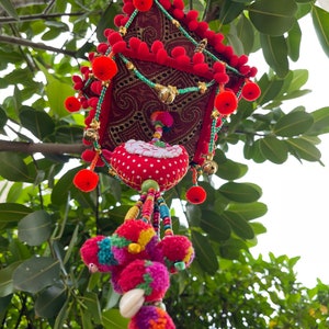 MB0048 Handmade Mobile,Nursery Hanging decorate with pompoms and colorful wood beads image 6