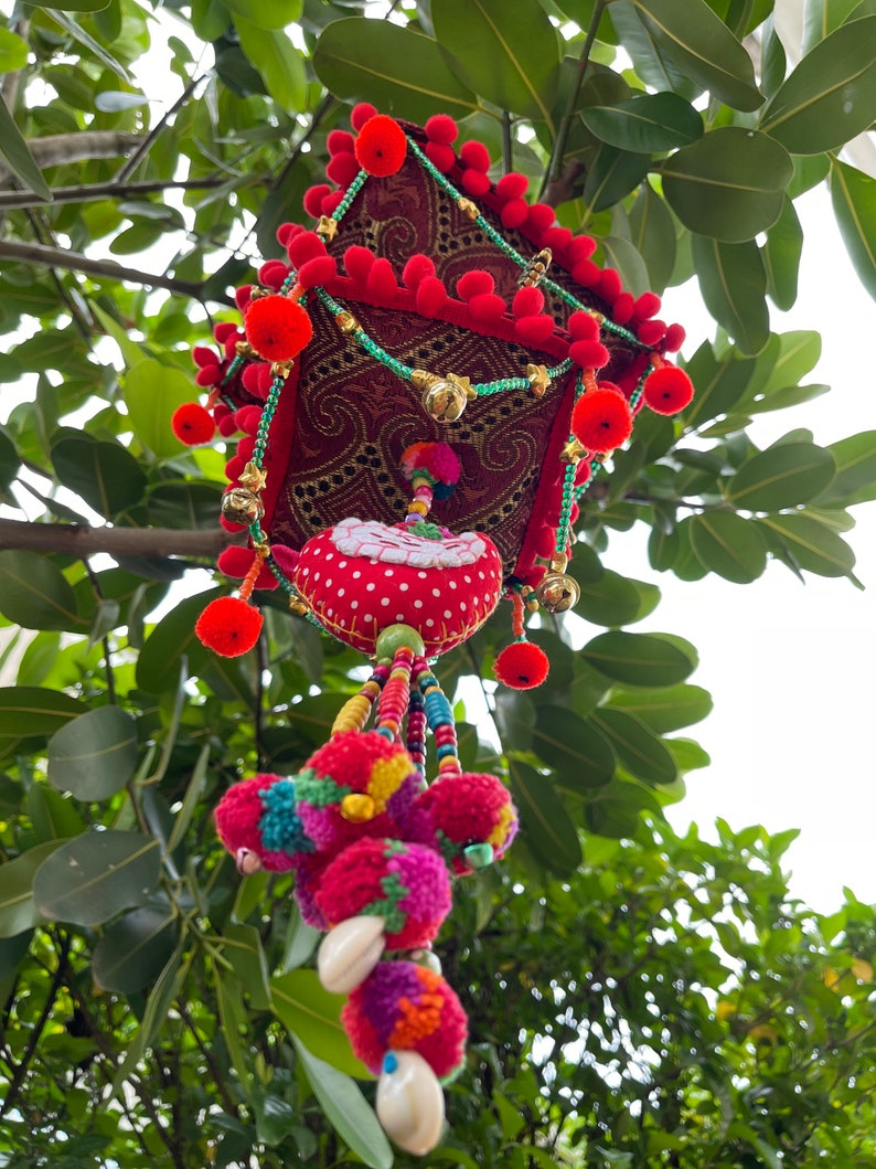 MB0048 Handmade Mobile,Nursery Hanging decorate with pompoms and colorful wood beads image 6