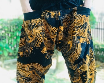 HC0580 samurai pants Handmade pants, Thick Smock Waist Low Crotch, unisex Yoga Harem Pants  - elastic waistband  - Fits all !