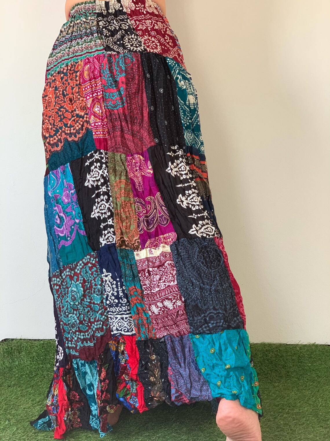 A-Line Patchwork Bohemia Dress Rhinestone Long Skirts