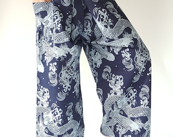 MH0011 Handmade Mo Hom Phare Indigo Thai Fisherman Pants Wide Leg pants, Wrap pants, Unisex pants