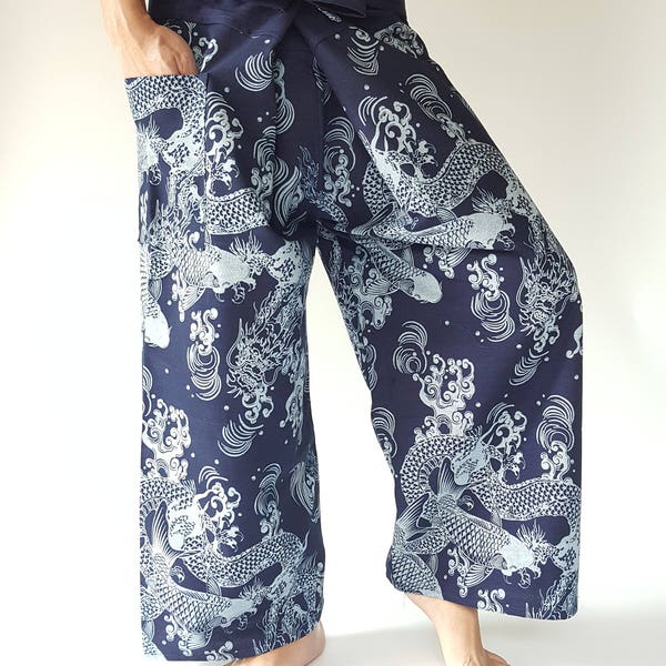 MH0011 Pantalon de pêcheur thaïlandais indigo Mo Hom Phare fait main Pantalon large, Pantalon portefeuille et Pantalon unisexe