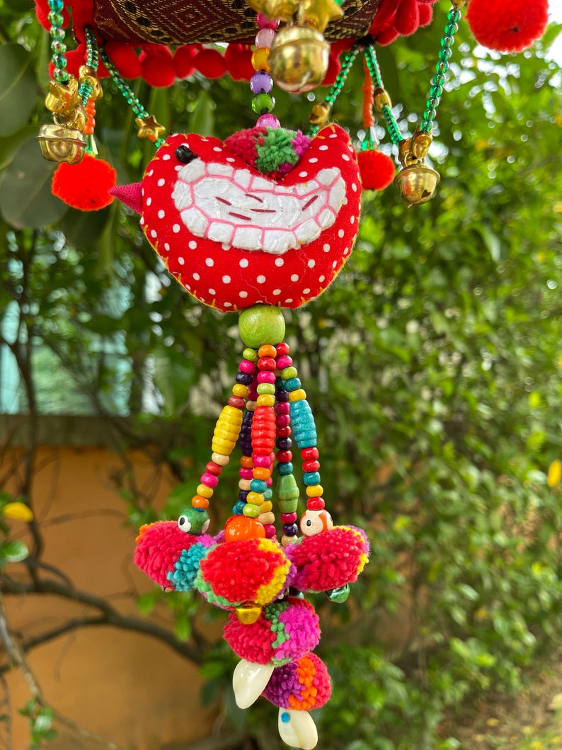 MB0048 Handmade Mobile,Nursery Hanging decorate with pompoms and colorful wood beads image 5